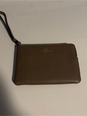 Coach Brown Pebbled Leather Wristlet with Gold Logo